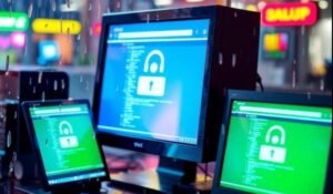 Computer showing encrypted data for data backups
